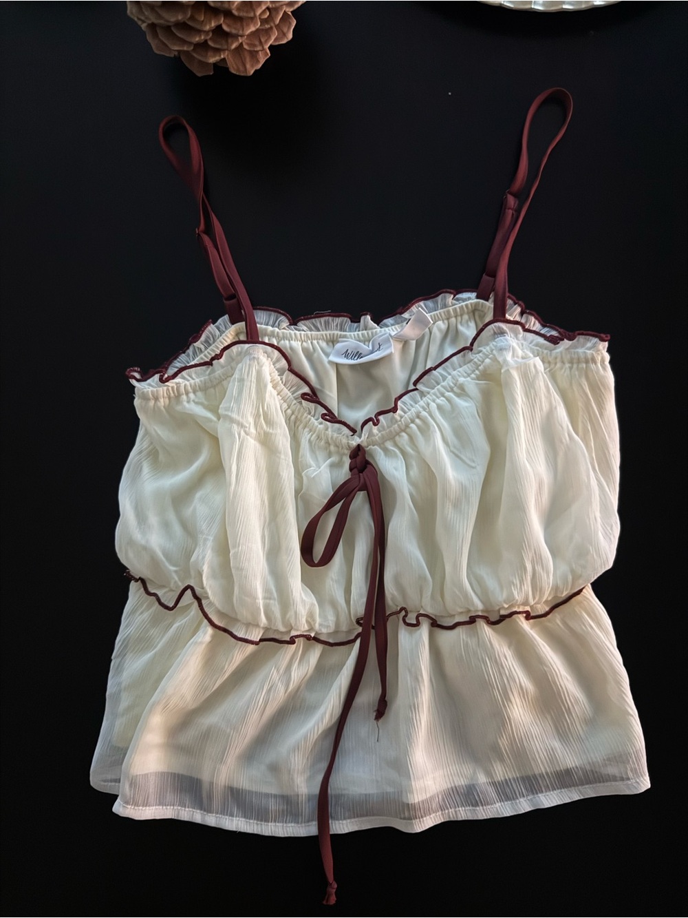 Unknown Brand Cream Ruffle Cami with Burgundy Trim